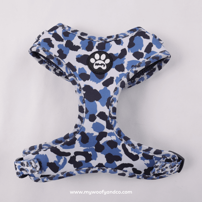 Pettorina Blue Wild per cani, fantasia leopardata regolabile, vista frontale, comoda per passeggiate.