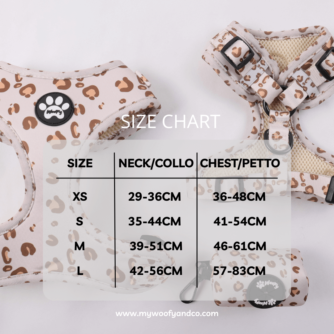 Tabella taglie pettorina beige Safari per cani XS a XL, misure collo e torace per scelta corretta e sicura.