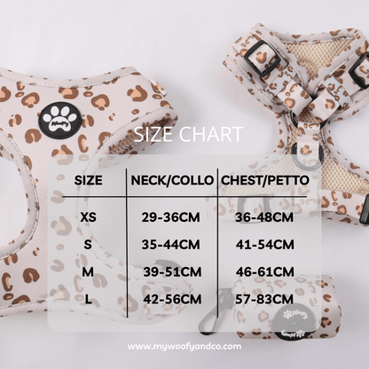 Tabella taglie pettorina beige Safari per cani XS a XL, misure collo e torace per scelta corretta e sicura.