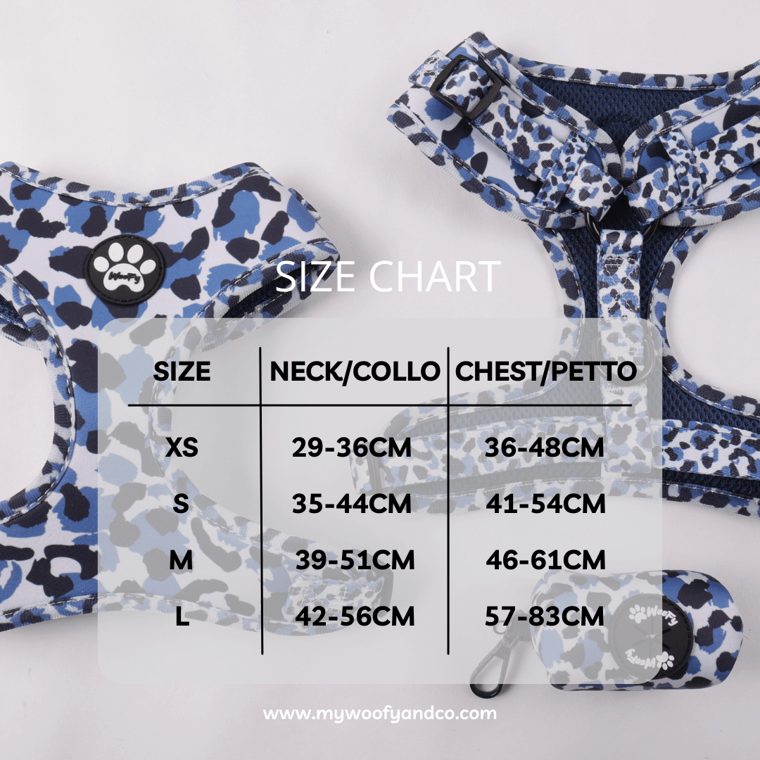 Tabella taglie pettorina Blue Wild per cani XS a XL, misure collo e torace per scelta corretta e sicura.