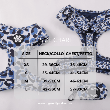 Tabella taglie pettorina Blue Wild per cani XS a XL, misure collo e torace per scelta corretta e sicura.